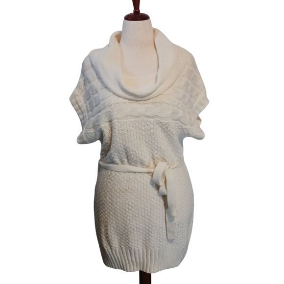 Apostrophe Short Sleeve Loose-Knit Cowlneck Sweater Dress, Cream/Ivory Color, XL - Picture 7 of 14